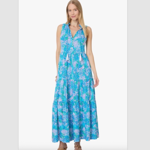 $198 NWT LILLY PULITZER MALONE MAXI DRESS LAS OLAS AQUA STRONG CURRENT SEA L - Picture 7 of 13